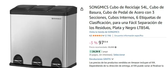 Cubo Reciclagem Songmics 54L 3 Seções