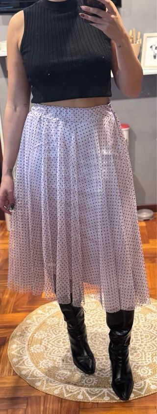 Falda larga tul lila lunares negros talla M