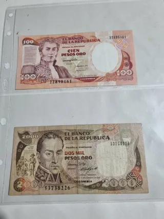 2 Billetes Antiguos Colombia 100 y 2000 Pesos