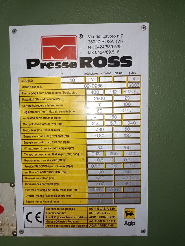 Prensa Excéntrica Embrague Neumático ROSS