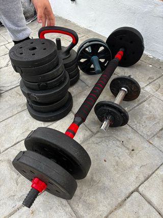 Conjunto pesas 60kg y banco abdominales