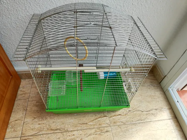 Jaula para pájaros plateada y verde