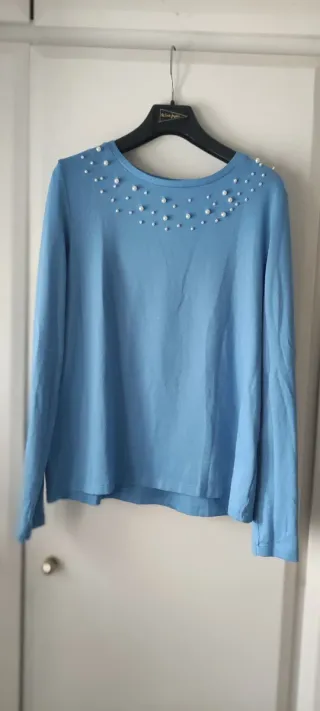 Jersey azul celeste perlas mujer