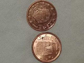 2 Monedas de  1 Céntimo 1999 España y Bélgica S/C.