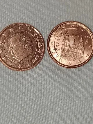 2 Monedas de  1 Céntimo 1999 España y Bélgica S/C.