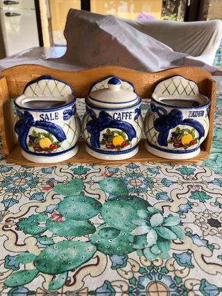 Set 3 Barattoli Ceramica Legno Sale Caffe Zucchero