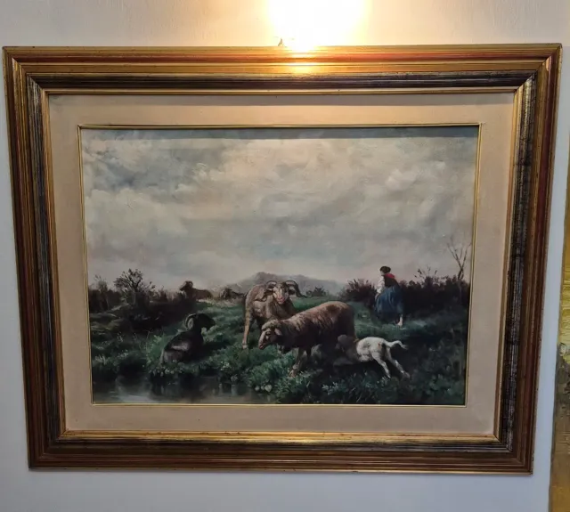 Quadro olio su tela paesaggio con pecore e pastore