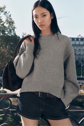 Jersey Zara Manga Plisada Lana Gris