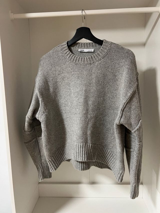 Jersey Zara Manga Plisada Lana Gris