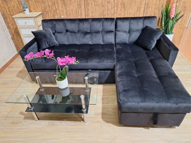 Sofá Cama Negro Terciopelo 210cm con Arcón