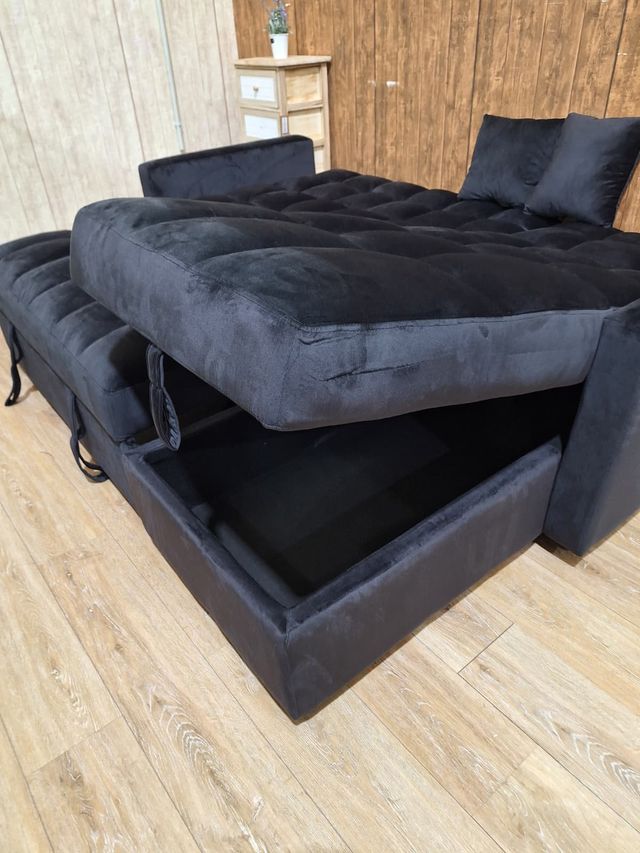 Sofá Cama Negro Terciopelo 210cm con Arcón