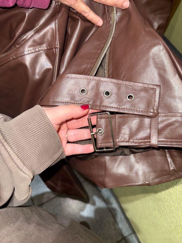 Chaqueta bomber de piel sintética marrón, talla XL