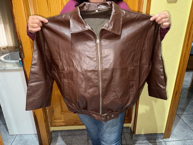 Chaqueta bomber de piel sintética marrón, talla XL