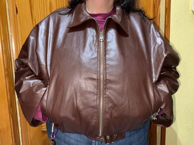Chaqueta bomber de piel sintética marrón, talla XL