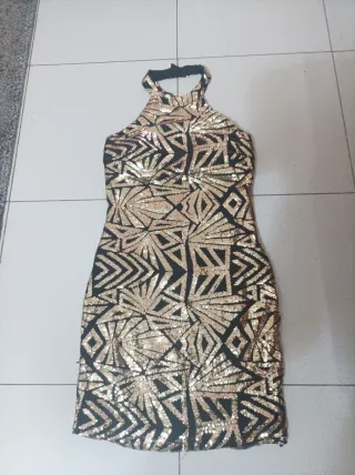 Vestido fiesta lentejuelas negro y dorado T.S-M