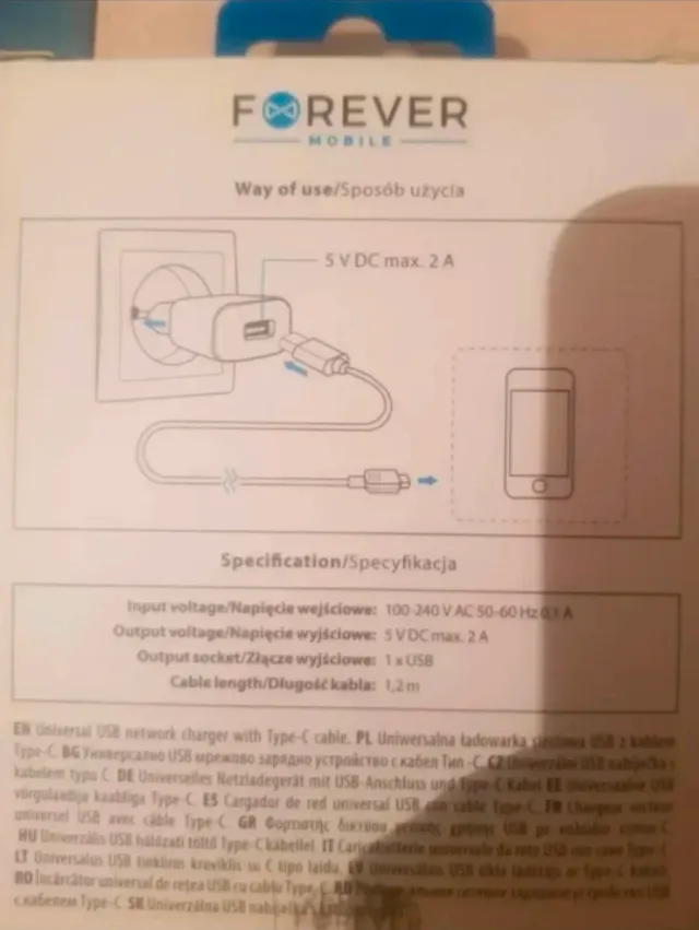 Cargador Pared USB Forever Mobile 2A + Cable USB-C
