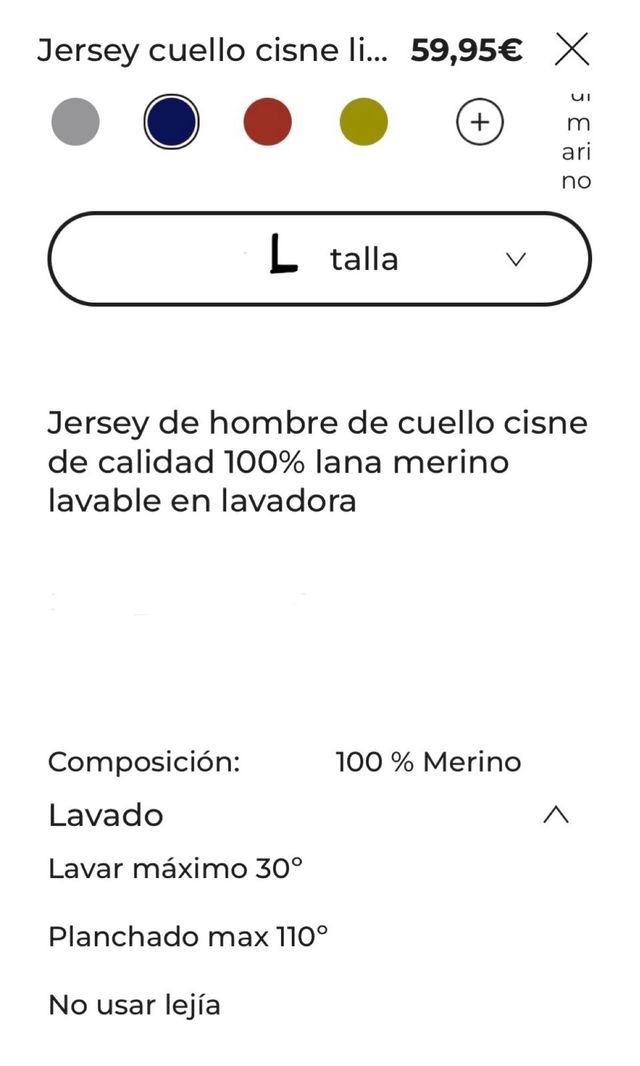Jersey hombre lana merino cuello cisne azul L