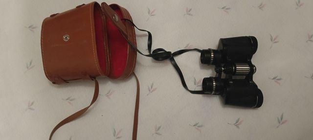 Prismáticos y funda de cuero vintage