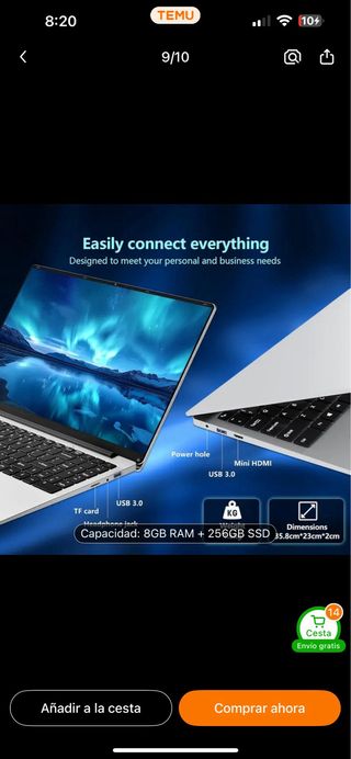 Portátil TEMU 15.6 Plata 8GB RAM 256GB SSD
