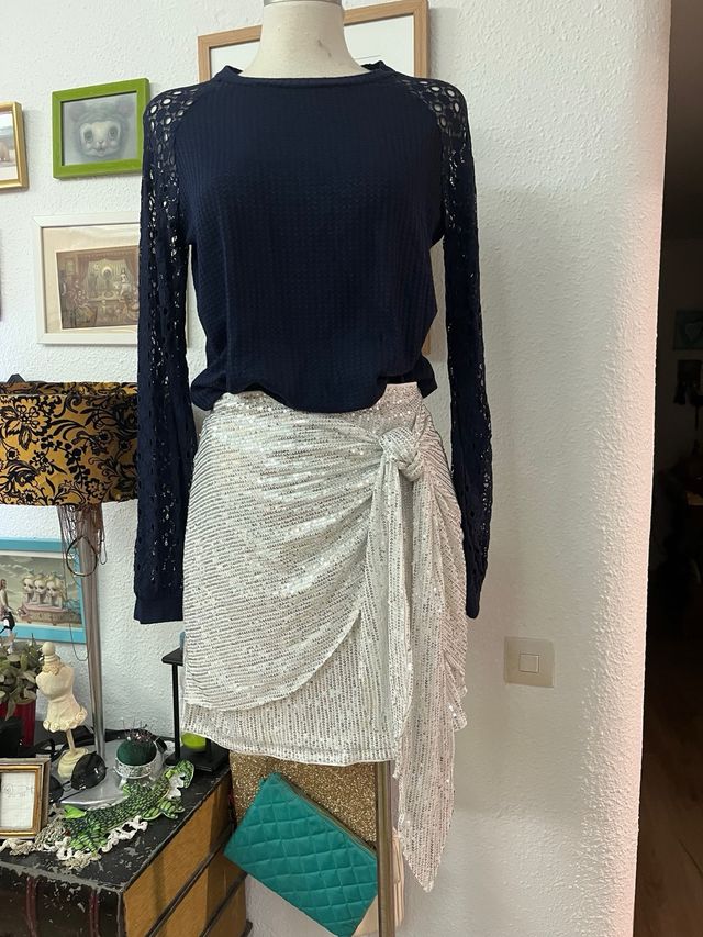 Falda Lentejuelas Plata Talla XXI 