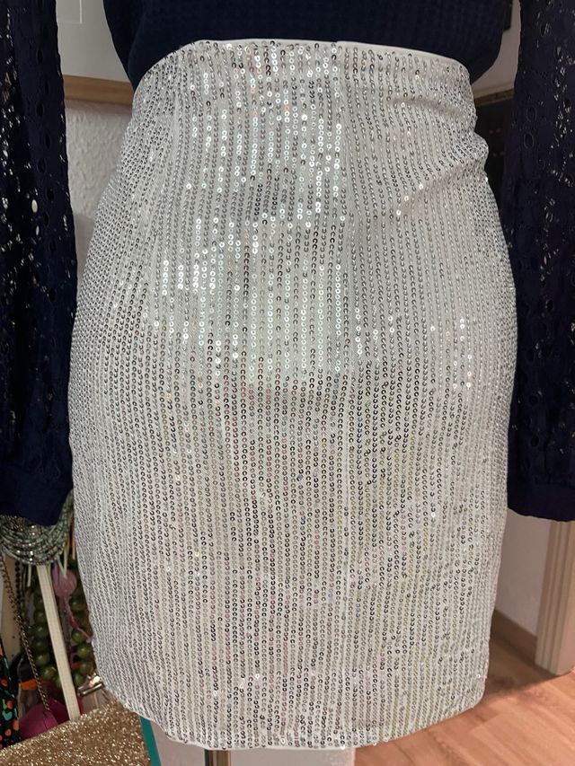 Falda Lentejuelas Plata Talla XXI 