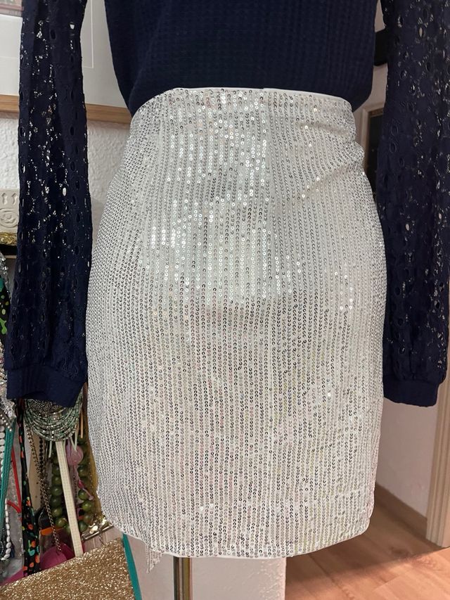 Falda Lentejuelas Plata Talla XXI 