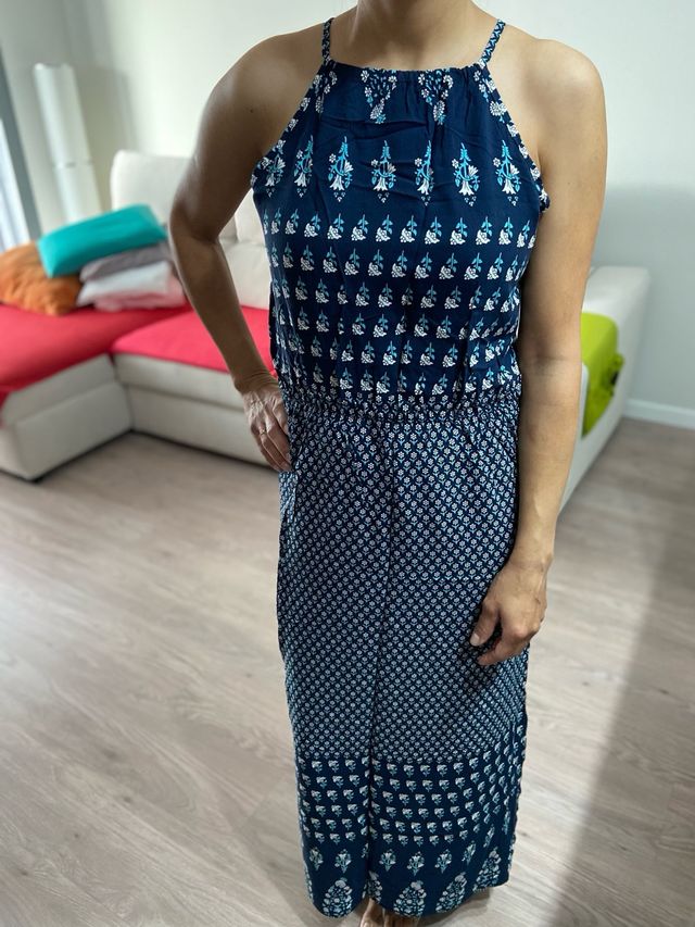 Vestido largo estampado azul y blanco