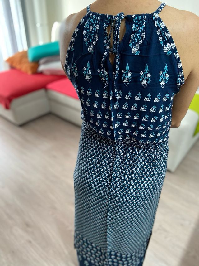 Vestido largo estampado azul y blanco