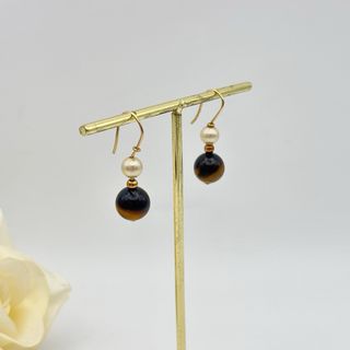 Pendientes Oro 18kt Perla y Ojo de Tigre