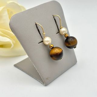 Pendientes Oro 18kt Perla y Ojo de Tigre