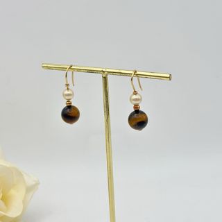 Pendientes Oro 18kt Perla y Ojo de Tigre