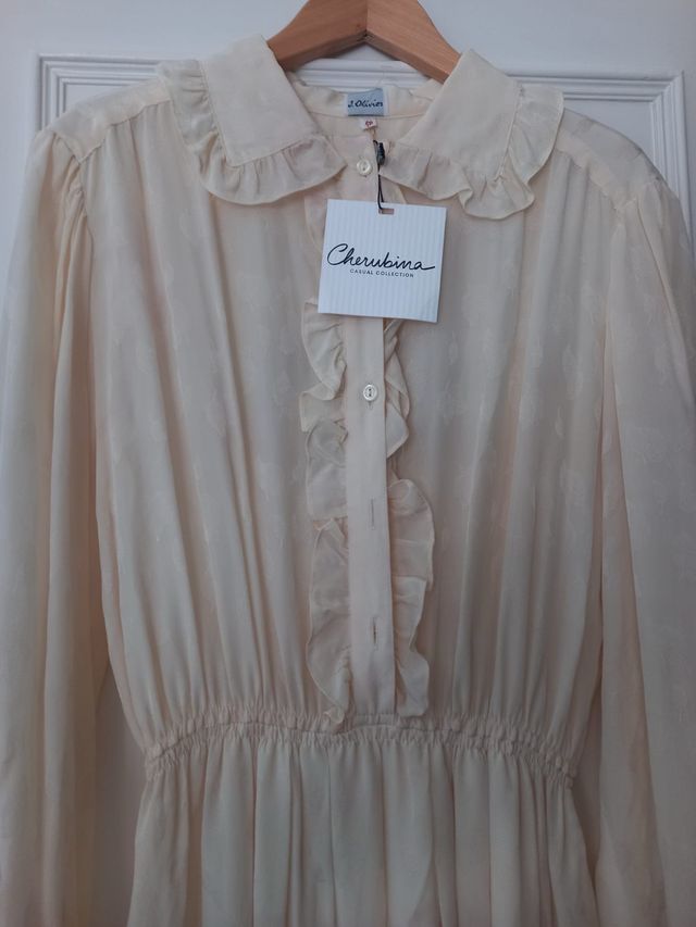 Vestido J. Olivier gasa beige manga larga