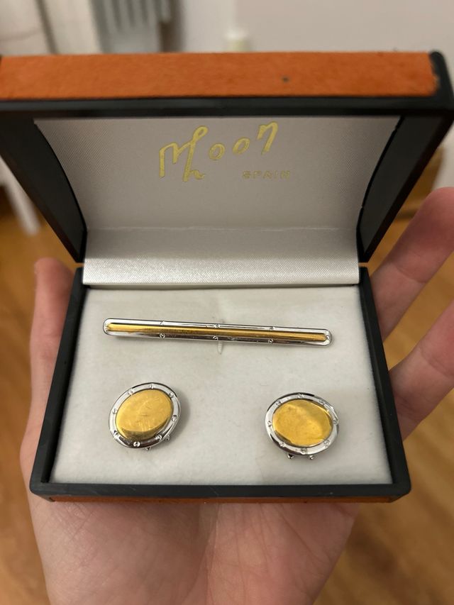 Set Gemelos y Pasador Corbata Moon Spain Oro/Plata