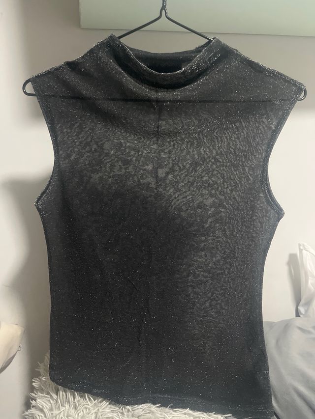 Top Zara brillante negro plateado