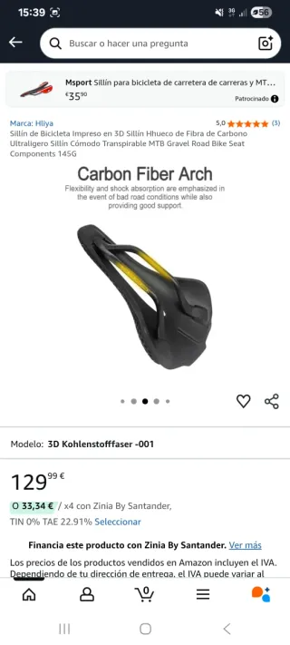 Sillín Bicicleta Fibra Carbono GOLDIX