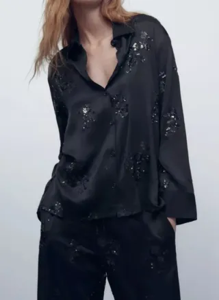 ZARA - Camisa lentejuelas negra