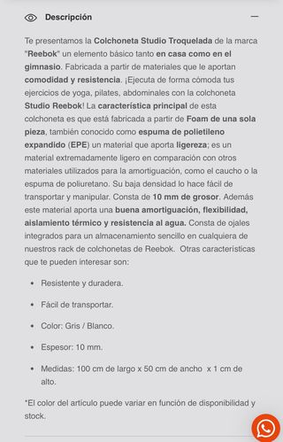 COLCHONETA REEBOK GIMNASIO YOGA ABDOMINALES (2 Ud)