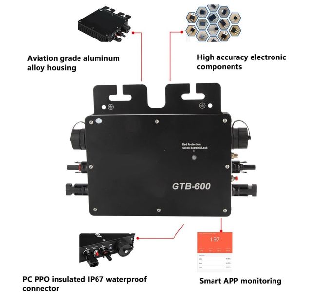 Micro Inverter Solare Grid 600W Controllo Wi-Fi