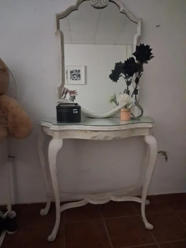 Mesa tocador antigua madera y cristal