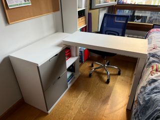 Mesa estudio 90 grados con cajones y baldas