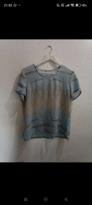 Blusa de viscosa azul y beige