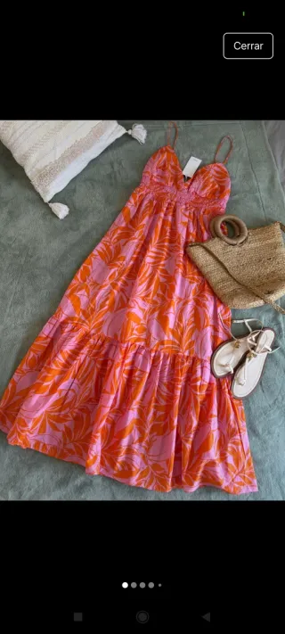 Vestido largo naranja y rosa Mango Talla L