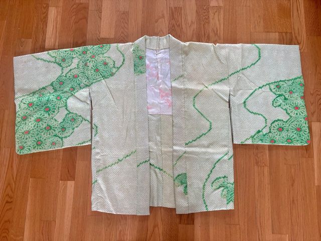 Haori kimono seda antiguo verde amarillo shibori