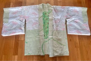 Haori kimono seda antiguo verde amarillo shibori