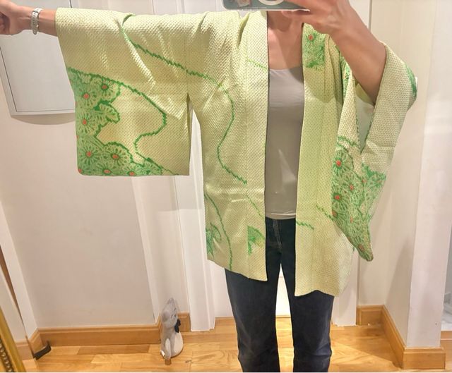 Haori kimono seda antiguo verde amarillo shibori