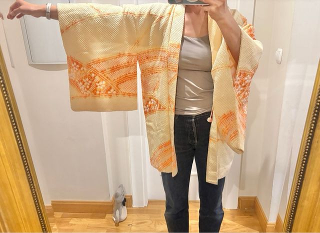 Haori kimono antiguo seda amarillo naranja shibori