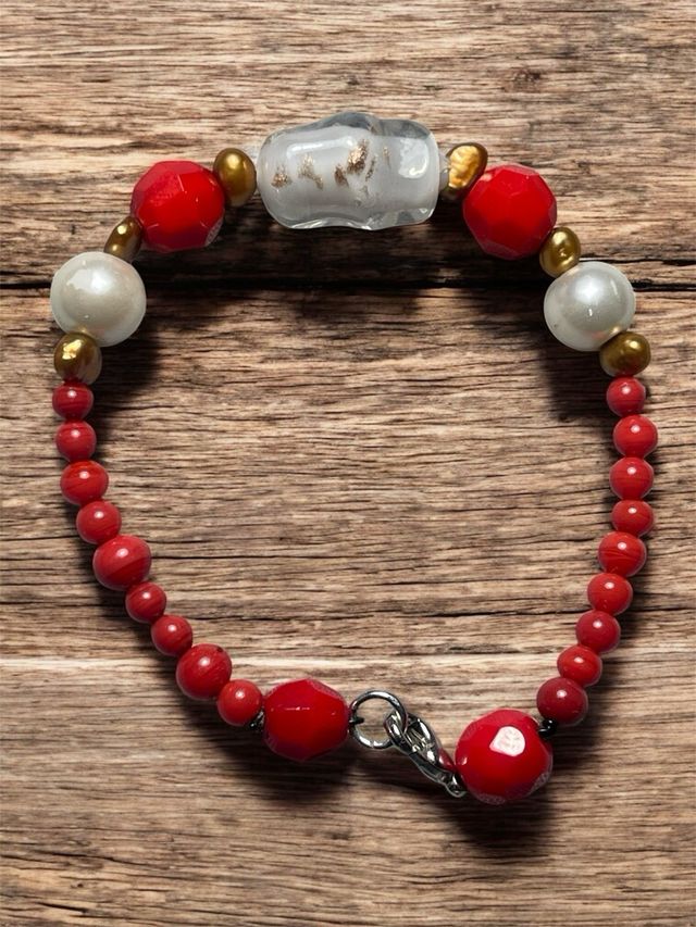 Pulsera Coral Rojo Flamenca Perlas y Cierre