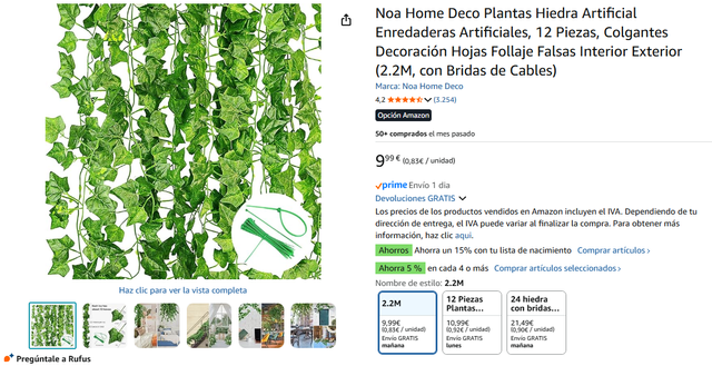 Hiedra Artificial Decorativa - 12 Tiras