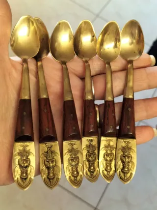 Set 6 Cucchiaini Siam Legno e Metallo Dorato