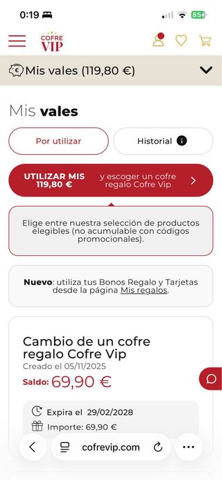 Cofre Vip con saldo 119,80 €, lo dejo a 100.